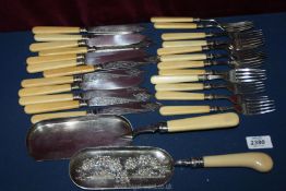 A box of 12 Fish knives and forks and 2 plated crumb scoops.