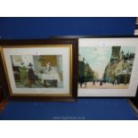 Two prints; one titled 'Between Two Fires' by Millet and the other 'A Glasgow Street'.