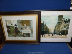 Two prints; one titled 'Between Two Fires' by Millet and the other 'A Glasgow Street'.