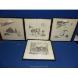 Four framed Etchings depicting Children on Beach, Figures with Horses,