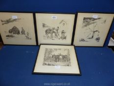 Four framed Etchings depicting Children on Beach, Figures with Horses,