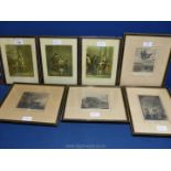 Three framed 'Cries of London' prints and four framed etchings to include; Rotunda, Bank of England,