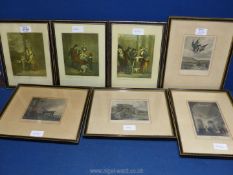 Three framed 'Cries of London' prints and four framed etchings to include; Rotunda, Bank of England,