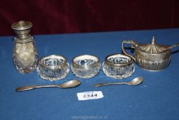 A quantity of cut glass items including silver rimmed salts (London and Birmingham hallmarks),