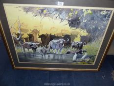 A large framed and mounted watercolour depicting a herd of water buffalo drinking and wallowing by