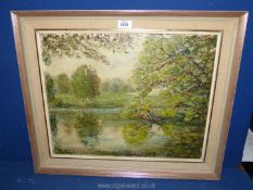 A framed Oil on canvas depicting a large house with grounds leading to a pond with swans,