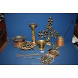 A box of mixed brass and copper including pestle and mortar, candlestick, copper pot, trivet etc.