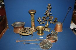 A box of mixed brass and copper including pestle and mortar, candlestick, copper pot, trivet etc.