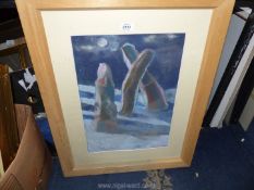 A wooden framed and mounted coloured Pastel drawing depicting "Harold's Stones",