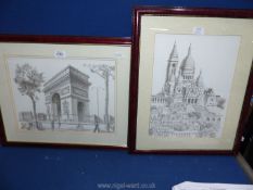 Two framed and mounted prints of pencil drawings depicting 'The Arc de Triomphe' and 'The Sacre