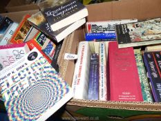 Two boxes of books to include; Philip Pullman, The Singing Neanderthals, Stephen Hawkins, etc.