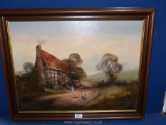 A framed oil on canvas depicting a cottage with a lady outside with dogs,