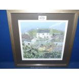 A framed and mounted print titled 'Chickens in a Winter Garden', initialed lower right 'L.G.