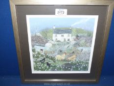 A framed and mounted print titled 'Chickens in a Winter Garden', initialed lower right 'L.G.