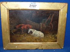 A small Oil painting titled 'Interior of a Stable' by Arthur A. Davis, signed and dated 1873.