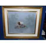 A framed Oil on board depicting travellers working around an old cart,