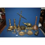 A quantity of brass including heavy Elephant, candlesticks, scales, censer pot,