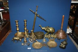 A quantity of brass including heavy Elephant, candlesticks, scales, censer pot,