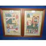 Two hand painted Indian scenes on silk.