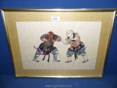 An Oriental embroidery of wrestlers.