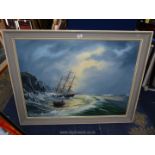 A large Oil on canvas depicting a tall ship crashing into rocks with the crew rowing away in a boat