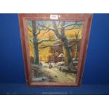 A wooden framed Oil on canvas depicting a winter landscape with a mother and child collecting wood.