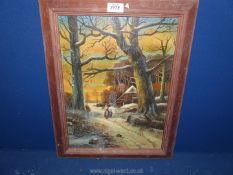 A wooden framed Oil on canvas depicting a winter landscape with a mother and child collecting wood.