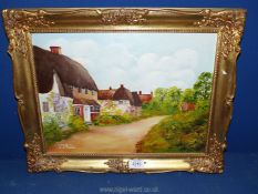 A gilt framed Oil painting label verso "Collingbourne Ducis Wiltshire", signed lower left S.J.