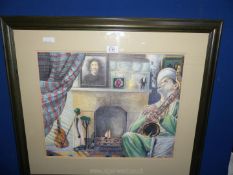 A framed and mounted coloured pencil drawing titled verso 'The Apprentice' by Peter Irwin.
