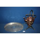 A copper and brass kettle with burner on stand 14 1/4" tall and a large silver plate oval tray 15"