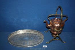 A copper and brass kettle with burner on stand 14 1/4" tall and a large silver plate oval tray 15"