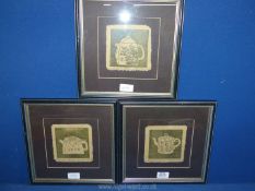 A set of three limited edition block Prints on handmade paper of oriental teapots,