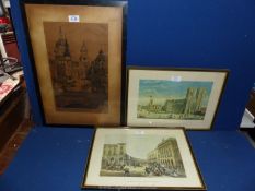 Two framed etchings of Regent street and Westminster Abbey,