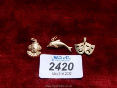 Three 9ct gold charms of masks, dolphin and a clown, with original receipt.