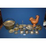 A quantity of mixed metals including a Cockerel jelly mould, Matchstick holder, brass Jam pan, etc.