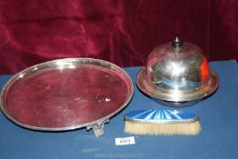 A Muffin dish, plated tray and enamelled silver clothes brush.