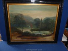 A framed oil on card depicting a lake scene with sailing boats and a church on the bank,