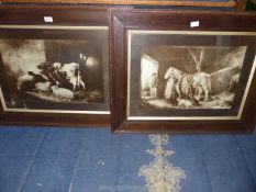 Two large wooden framed prints 'The Reckoning' by George Moorland and one with sheep and cattle in