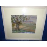 A framed and mounted Gouache and pastel picture of a landscape initialed J.M.