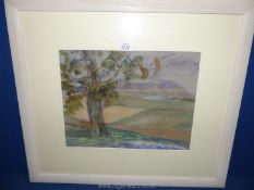 A framed and mounted Gouache and pastel picture of a landscape initialed J.M.