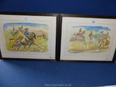 A pair of framed and mounted ink wash Lucilla Jones paintings titled 'Hola' and 'Adios'.