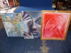 Two unframed canvas paintings; one of a street scene,