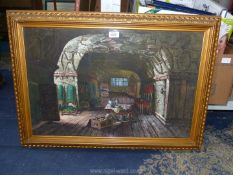 A framed oil painting depicting a room interior with a knights armour on a table with chairs lined