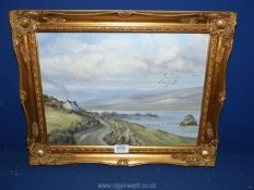 A gilt framed Oil on canvas depicting a loch scene with a road and a cottage with smoke rising from