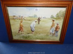 A framed D.E. West golfing print titled 'The Long Chip'.