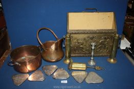 A brass magazine rack, copper coal scuttle and pot, brass vases, coasters etc.