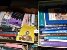 Two boxes of books to include; Buddhism, Atlas of The Ancient World, History of The Arab People,