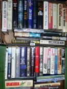 Two boxes of hardback novels to include; Len Deighton, Robert Ludlum, etc.