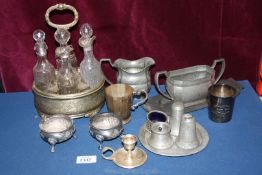 A quantity of cruet sets, pewter tray and jugs, EPNS cup and beaker, candlestick etc.