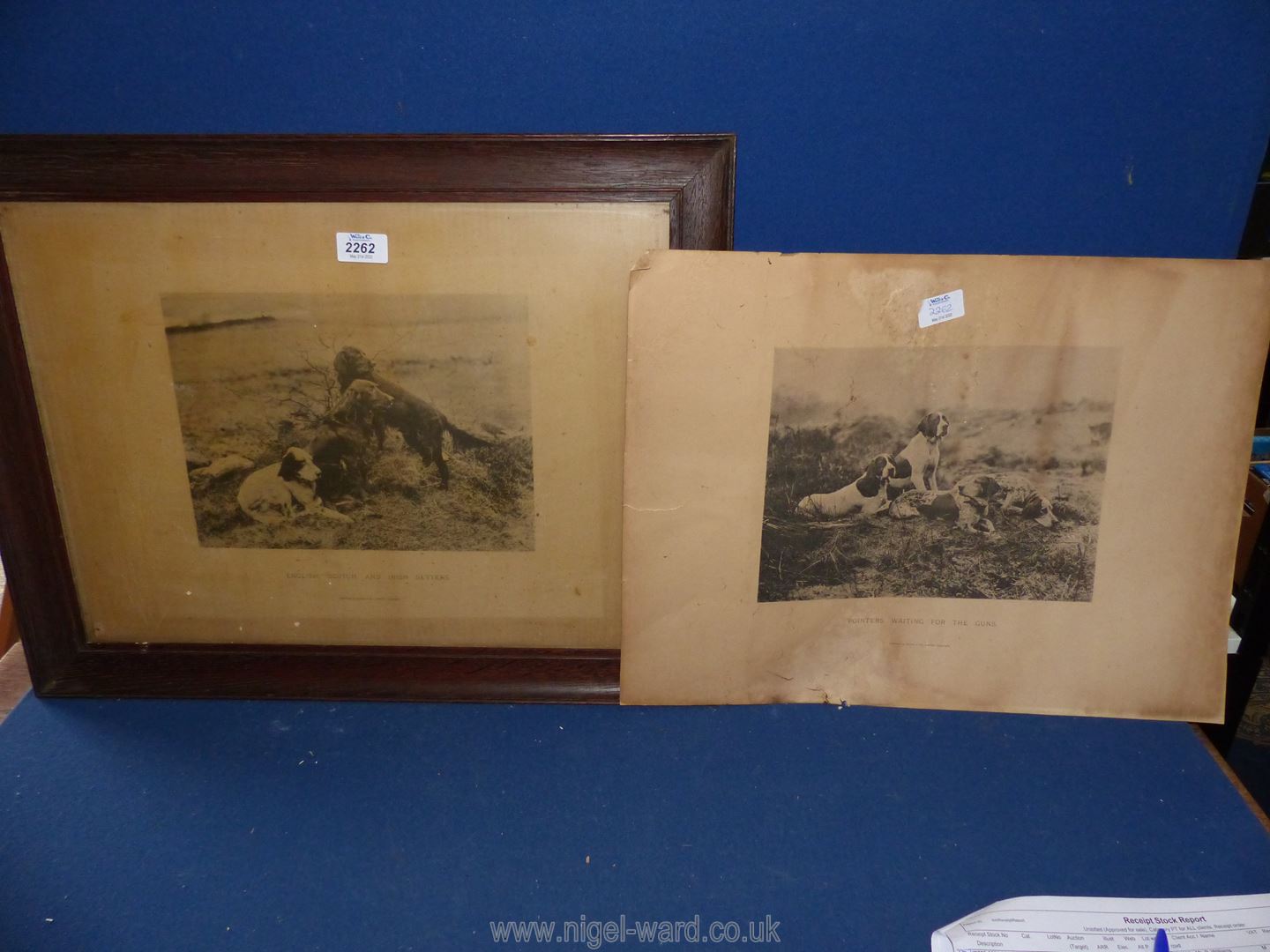 A framed print and an unframed print 'Pointers waiting for The Guns' and 'English,